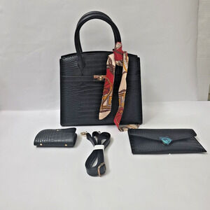 Women’s Black Vegan Leather Croc Crossbody Tote with Coin Purse Set Stylish